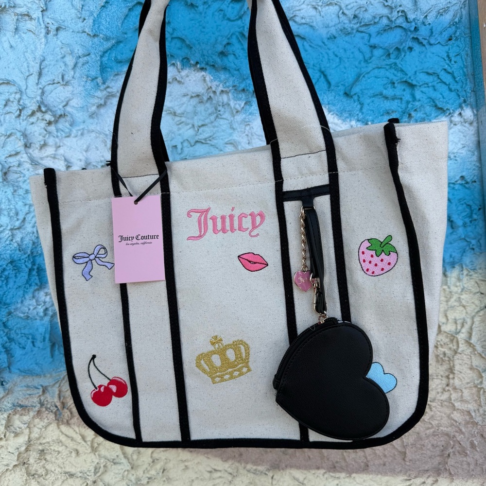 Juicy Couture Canvas Tote Bag Black Trim Strawberry Cherry Y2K Shopper NWT